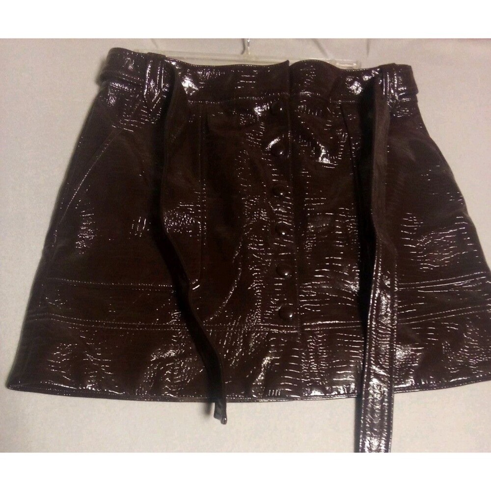 Topshop Women's Leather Look Pleather Split Detail Mini Skirt US 10 Brown